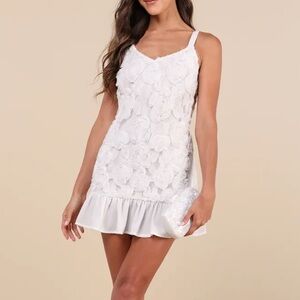 lulus Aesthetic Delight White Rosette Embroidered Shift Mini Dress